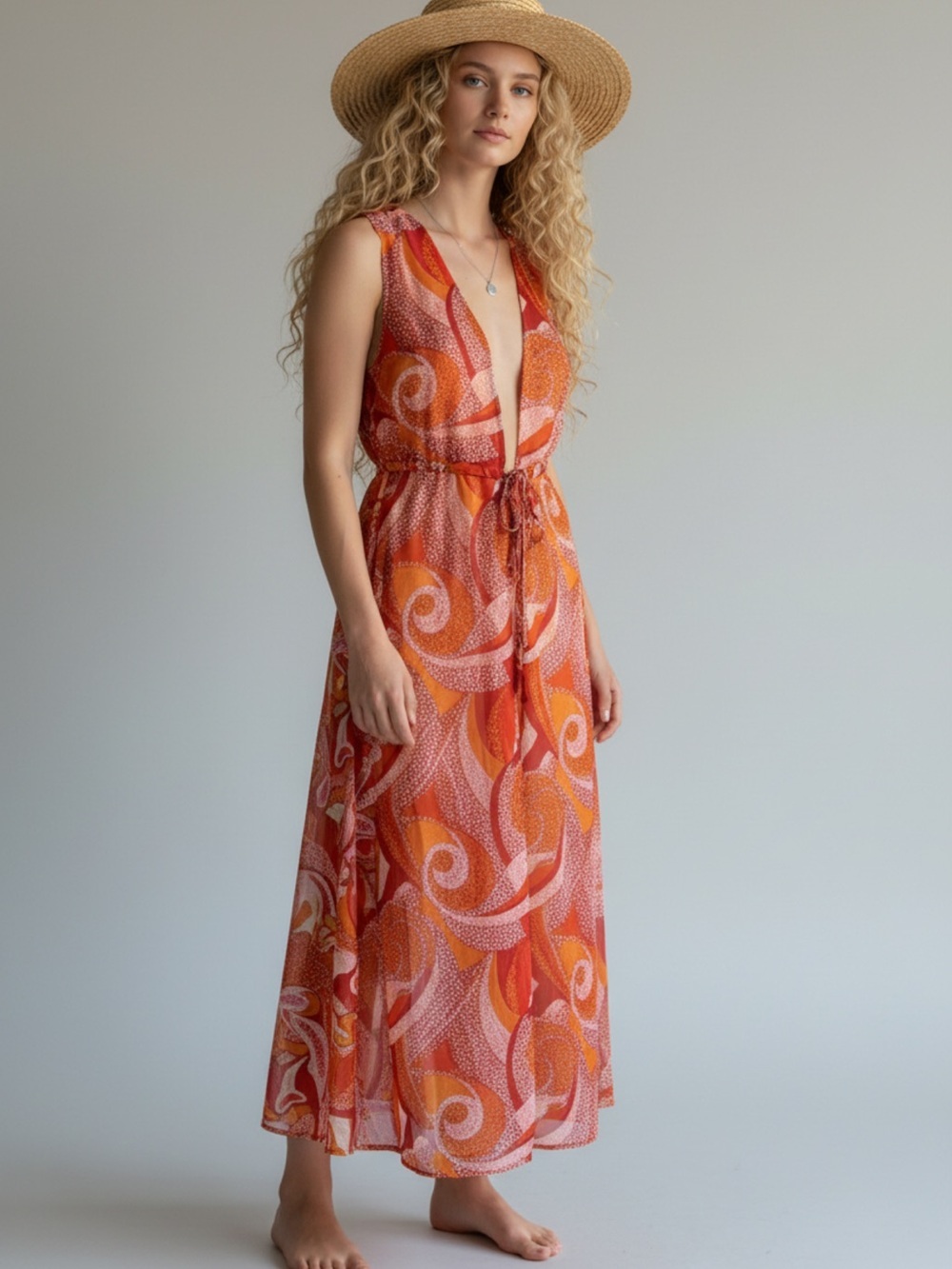 LIFE - Orange and White Sleeveless Maxi Cover up